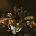A still life of food and ornate silver objects