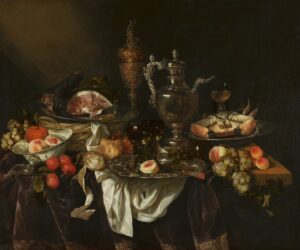 A still life of food and ornate silver objects